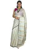 Beige handloom linen saree with silver tissue stripes with blouse