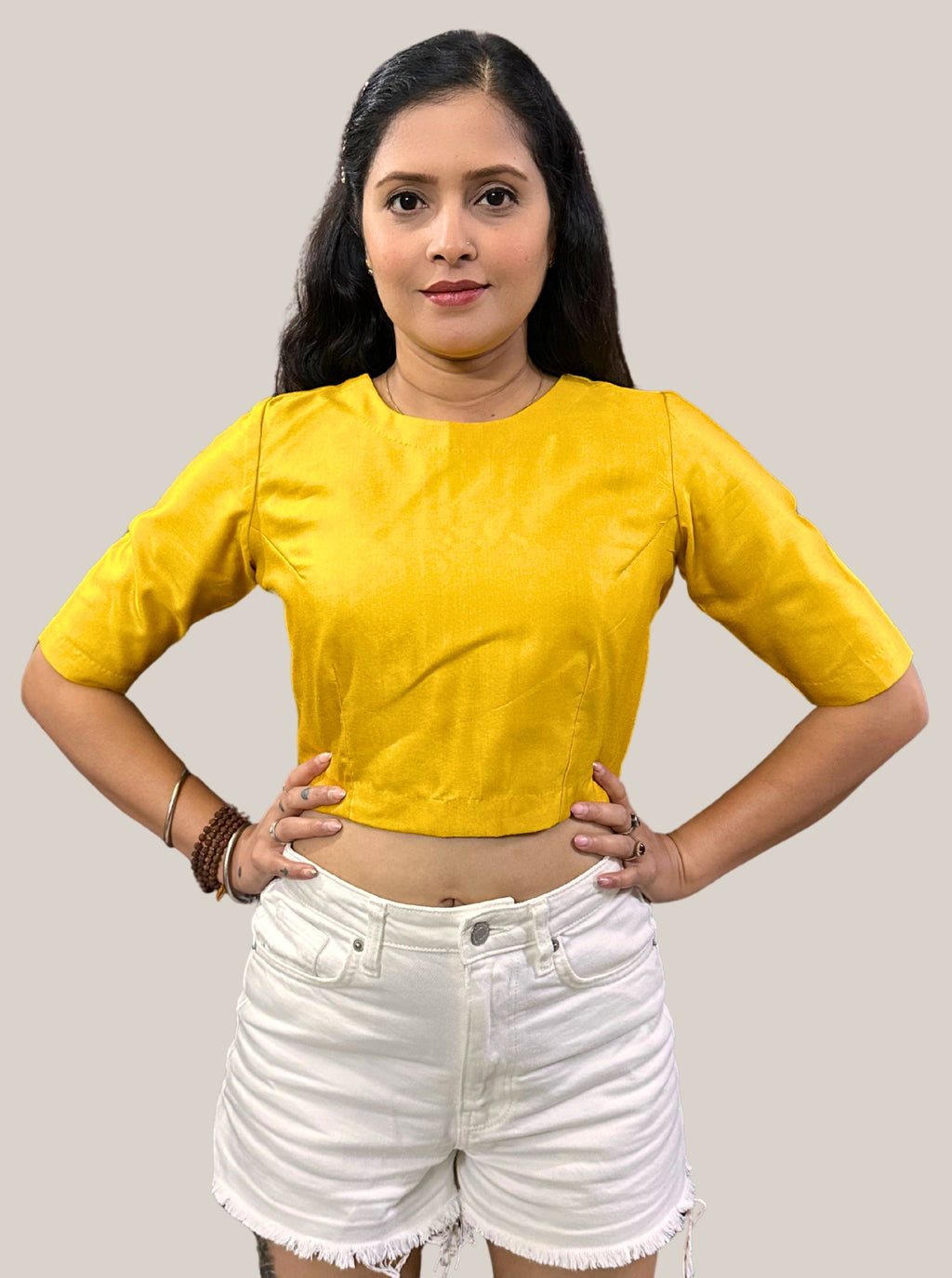 Dark Mango Yellow Cotton Tussar Silk Blouse with Round Neck and Back Wooden Buttons