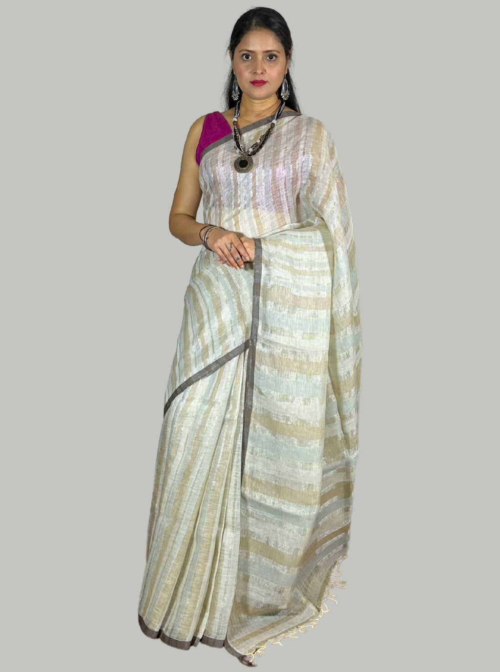 Beige handloom linen saree with silver tissue stripes with blouse