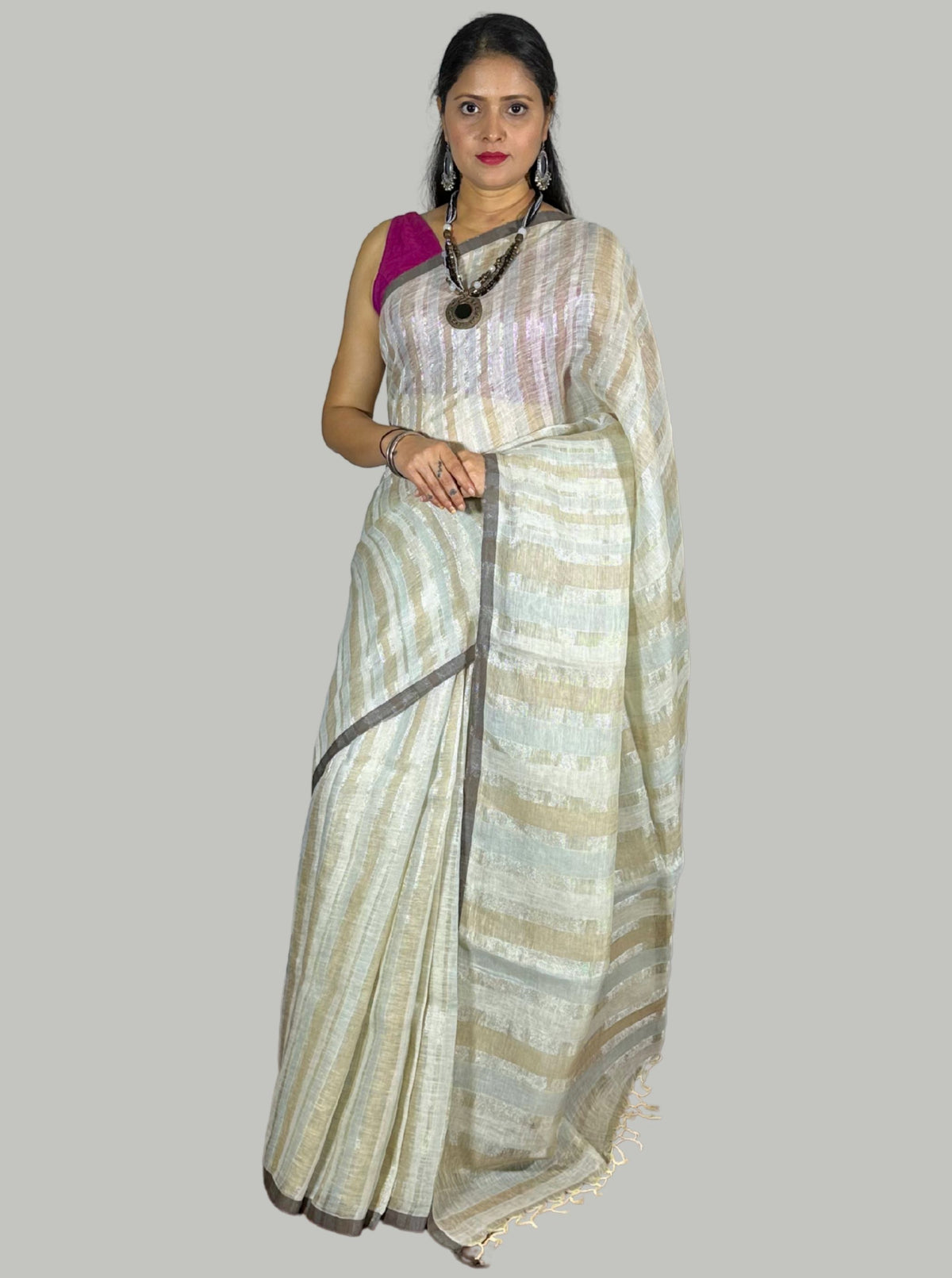 Beige handloom linen saree with silver tissue stripes with blouse