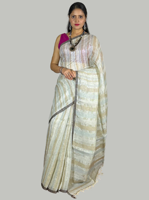 Beige handloom linen saree with silver tissue stripes with blouse
