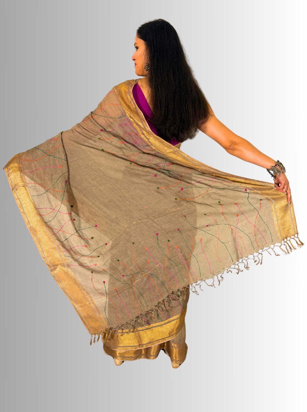 mouse colour handloom  linen saree with jaal hand embroiedry