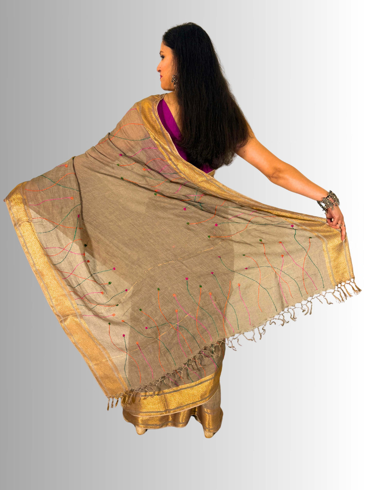 mouse colour handloom  linen saree with jaal hand embroiedry