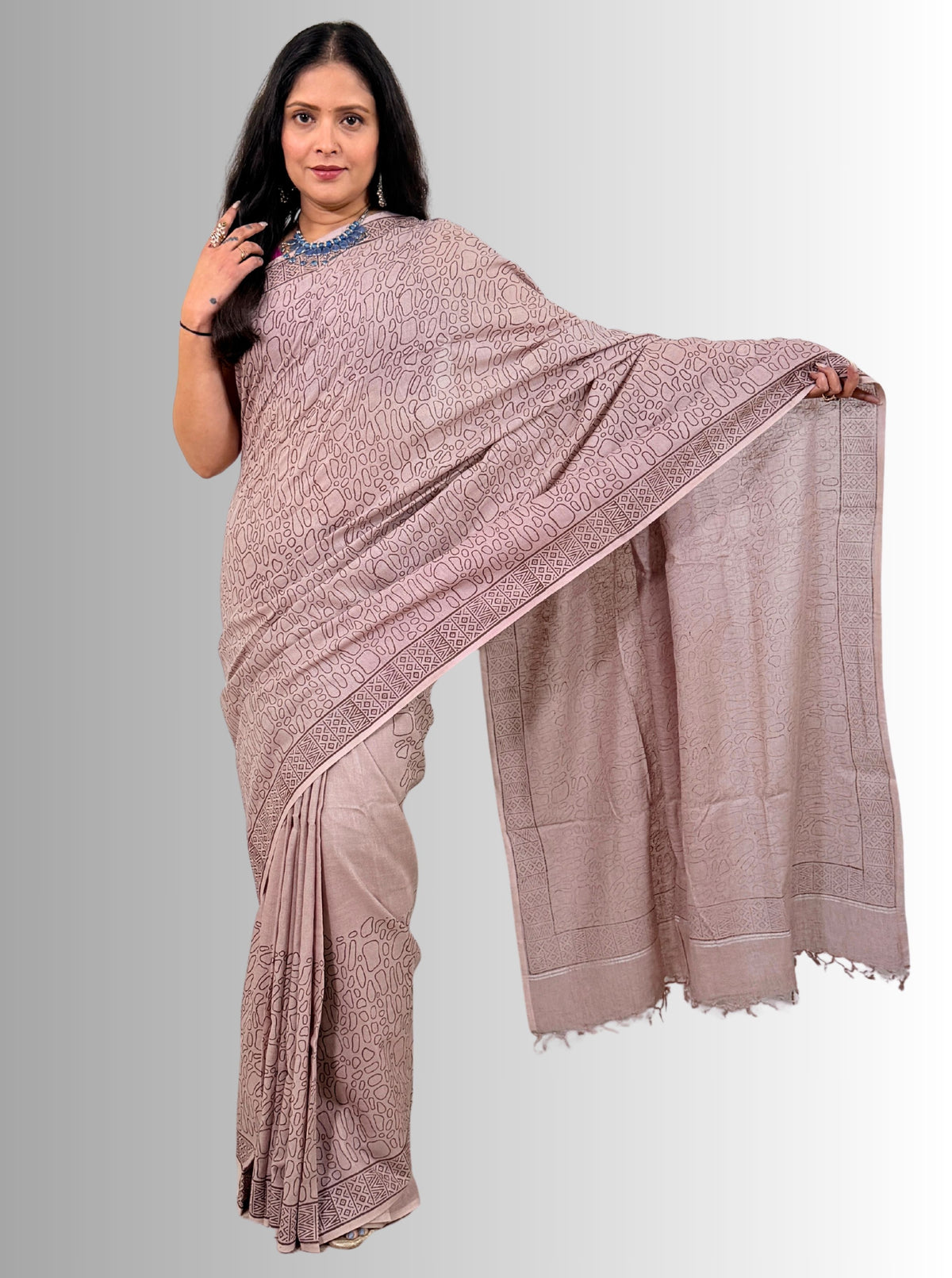 handloom cotton jaal hand block print saree with blouse