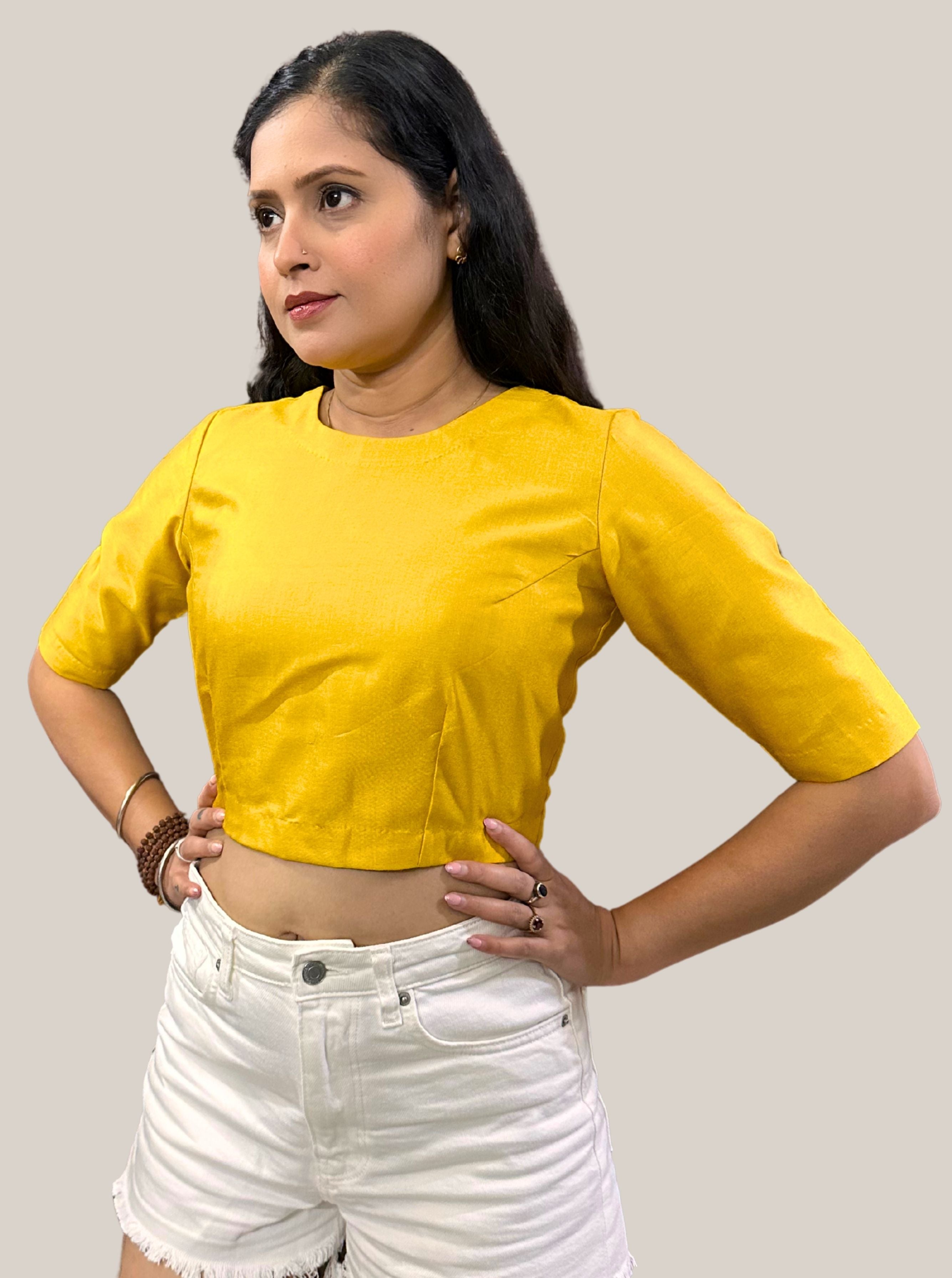 Dark Mango Yellow Cotton Tussar Silk Blouse with Round Neck and Back Wooden Buttons