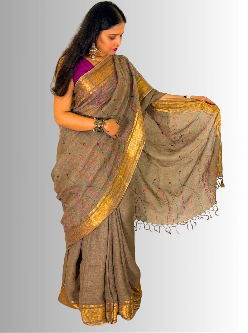 mouse colour handloom  linen saree with jaal hand embroiedry
