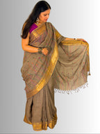 mouse colour handloom  linen saree with jaal hand embroiedry