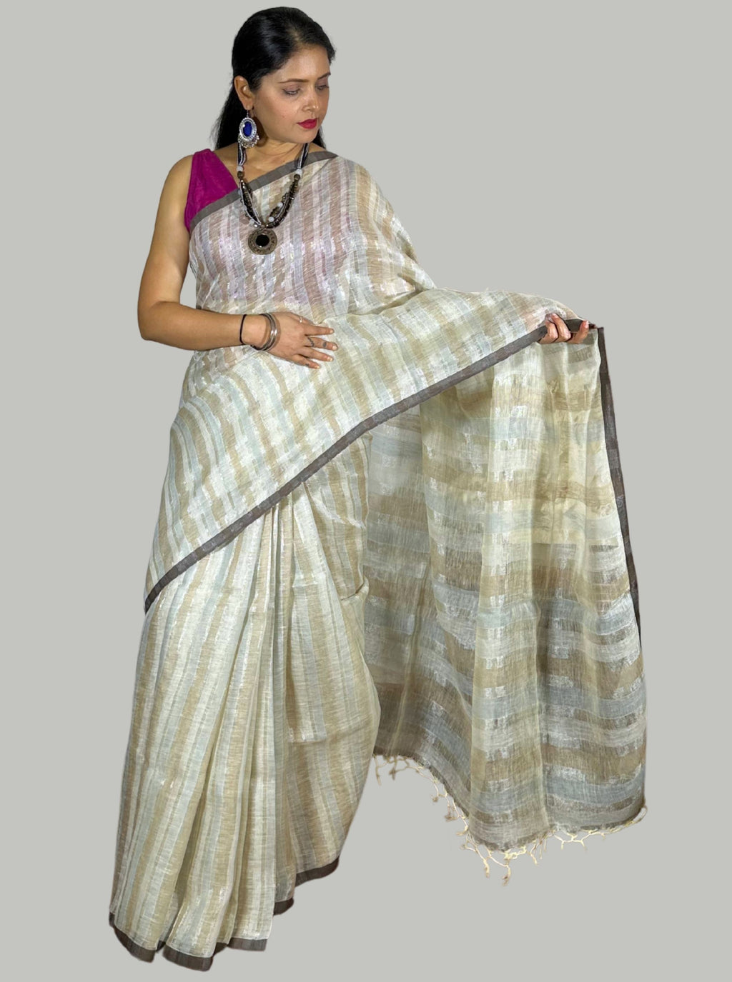 Beige handloom linen saree with silver tissue stripes with blouse