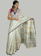 Beige handloom linen saree with silver tissue stripes with blouse