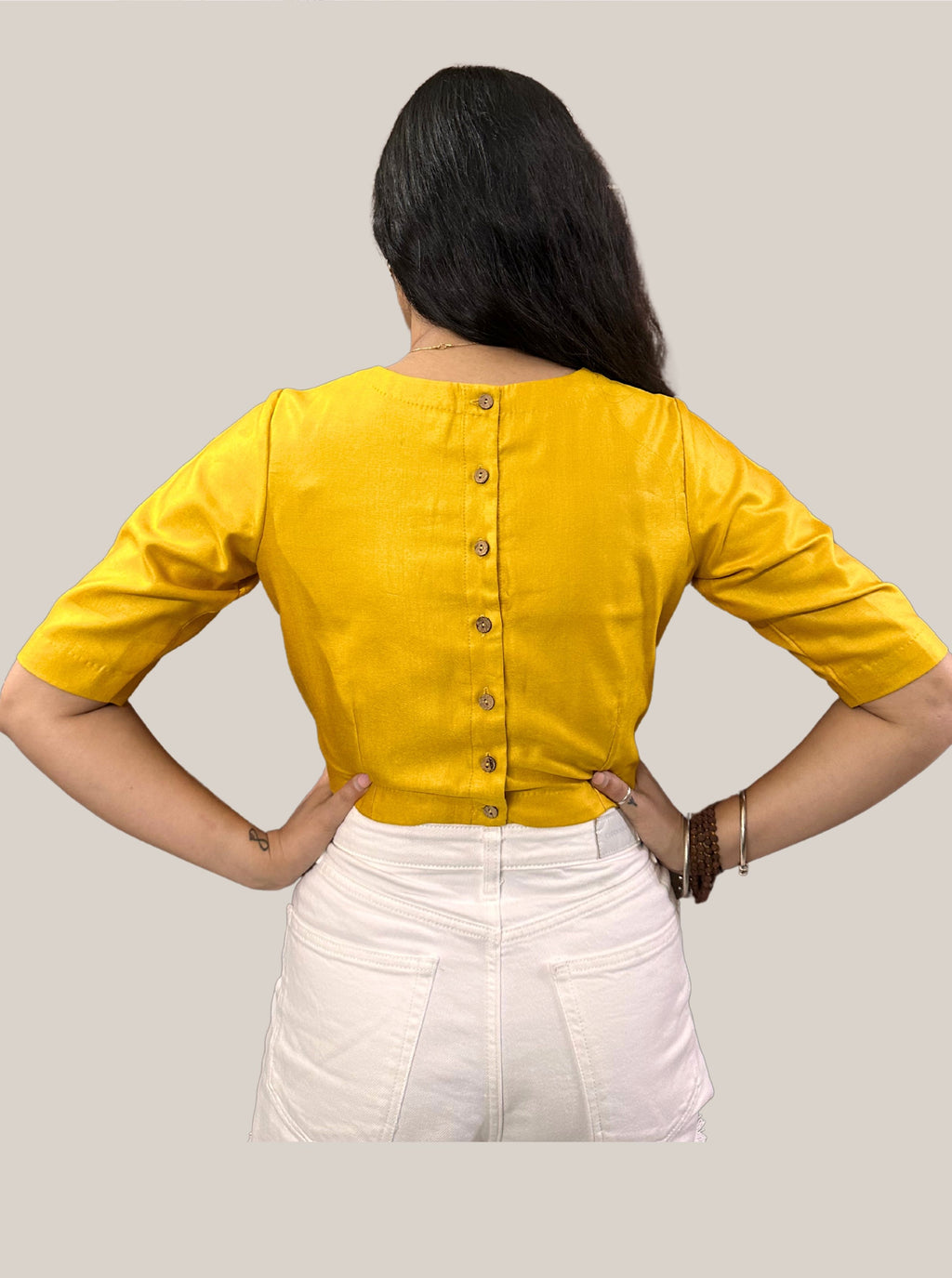 Dark Mango Yellow Cotton Tussar Silk Blouse with Round Neck and Back Wooden Buttons