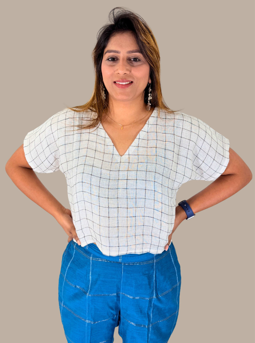 handloom linen white top with V-neck