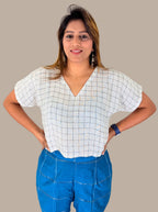 handloom linen white top with V-neck