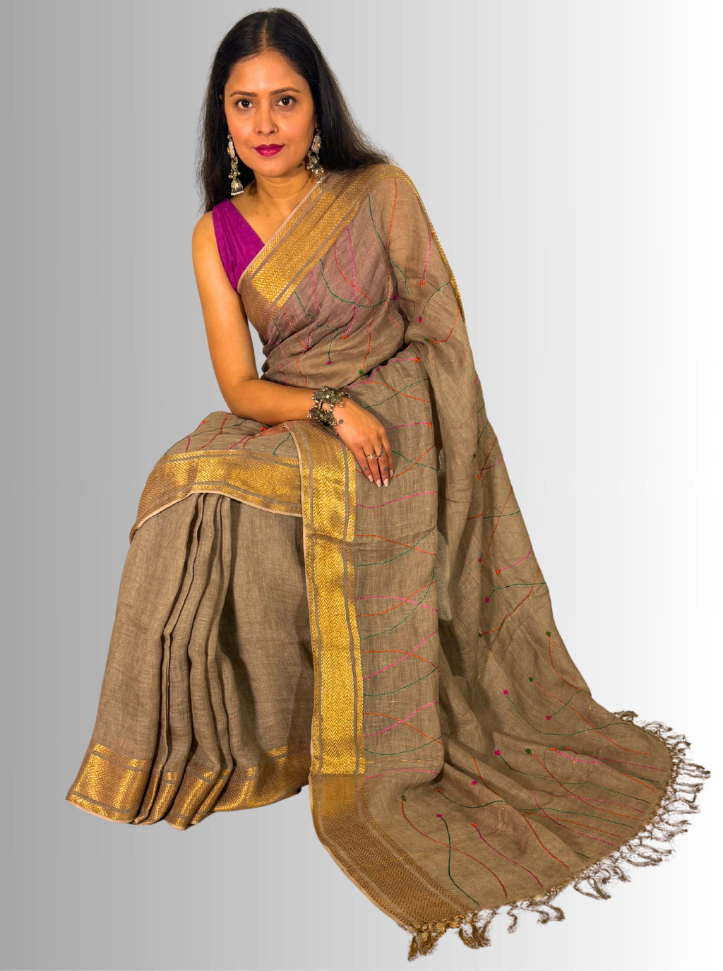 mouse colour handloom  linen saree with jaal hand embroiedry
