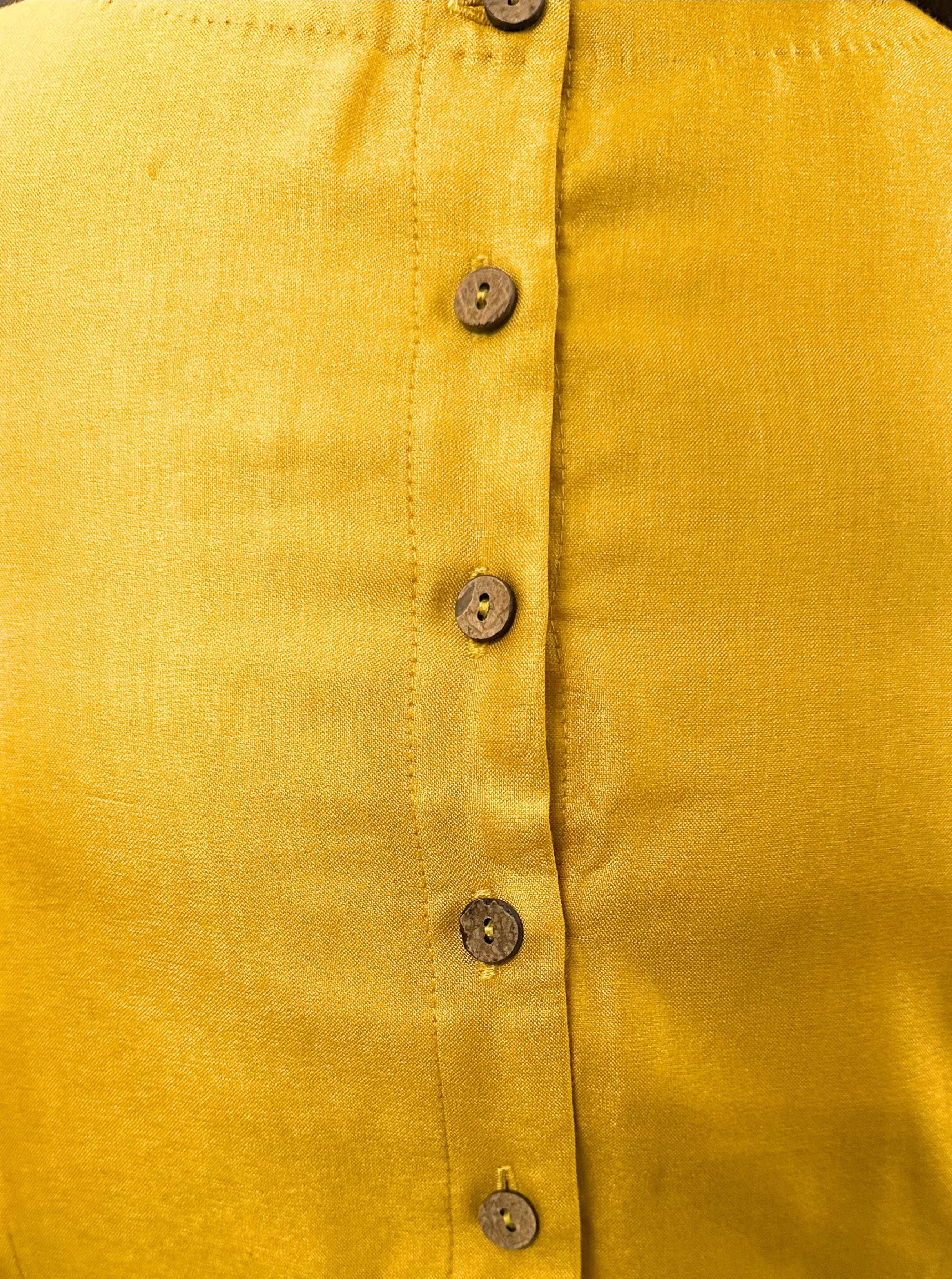 Dark Mango Yellow Cotton Tussar Silk Blouse with Round Neck and Back Wooden Buttons