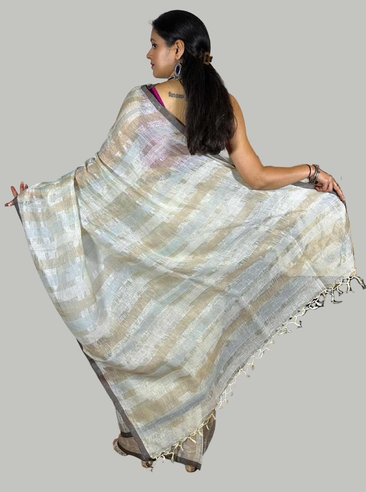 Beige handloom linen saree with silver tissue stripes with blouse