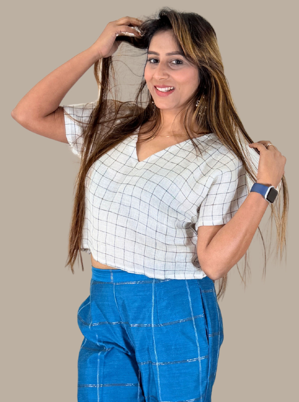 handloom linen white top with V-neck