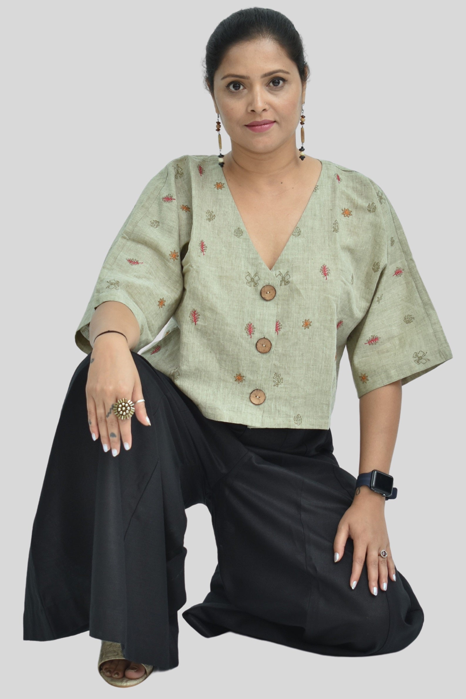 Pure Handloom Cotton Linen Earthy Green Color Hand embroidered Top