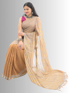 Pure Handloom Linen Brown Handblock Print Saree