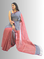 Pure Handloom Red & Orange Linen Saree