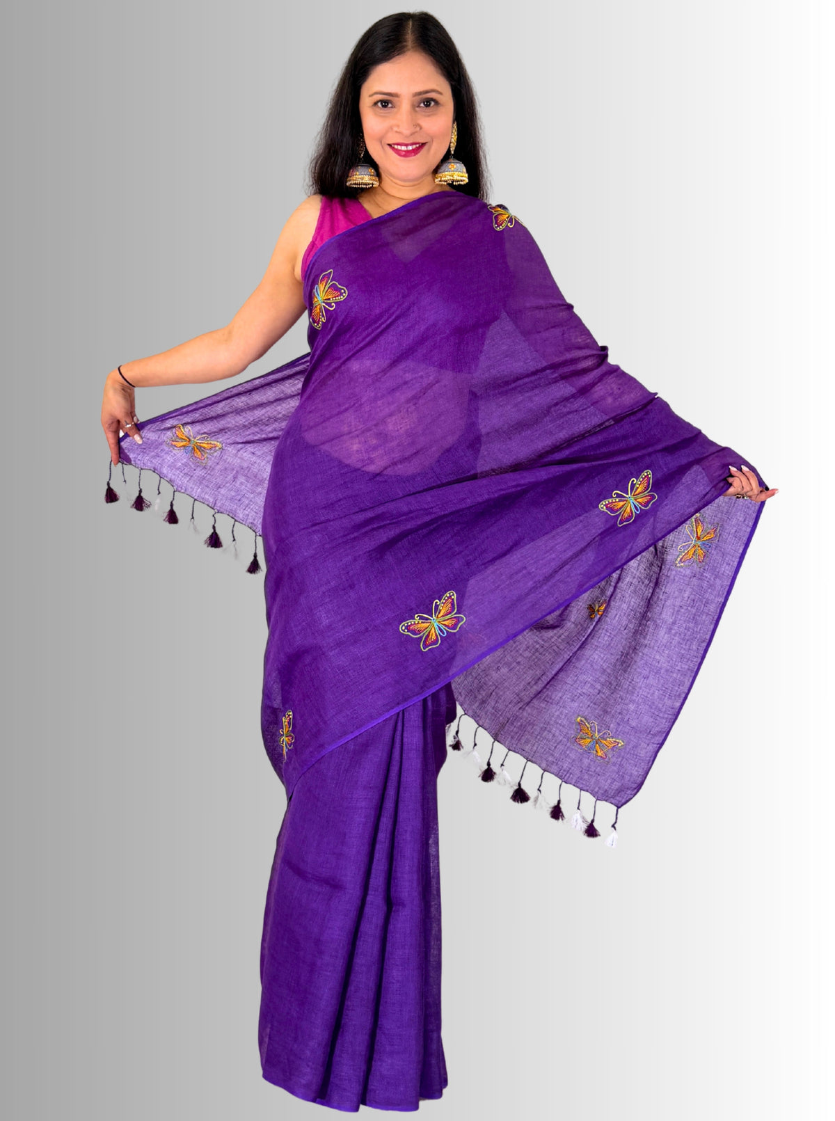 handloom linen with blouse purple hand embroidered saree with butterfly motif