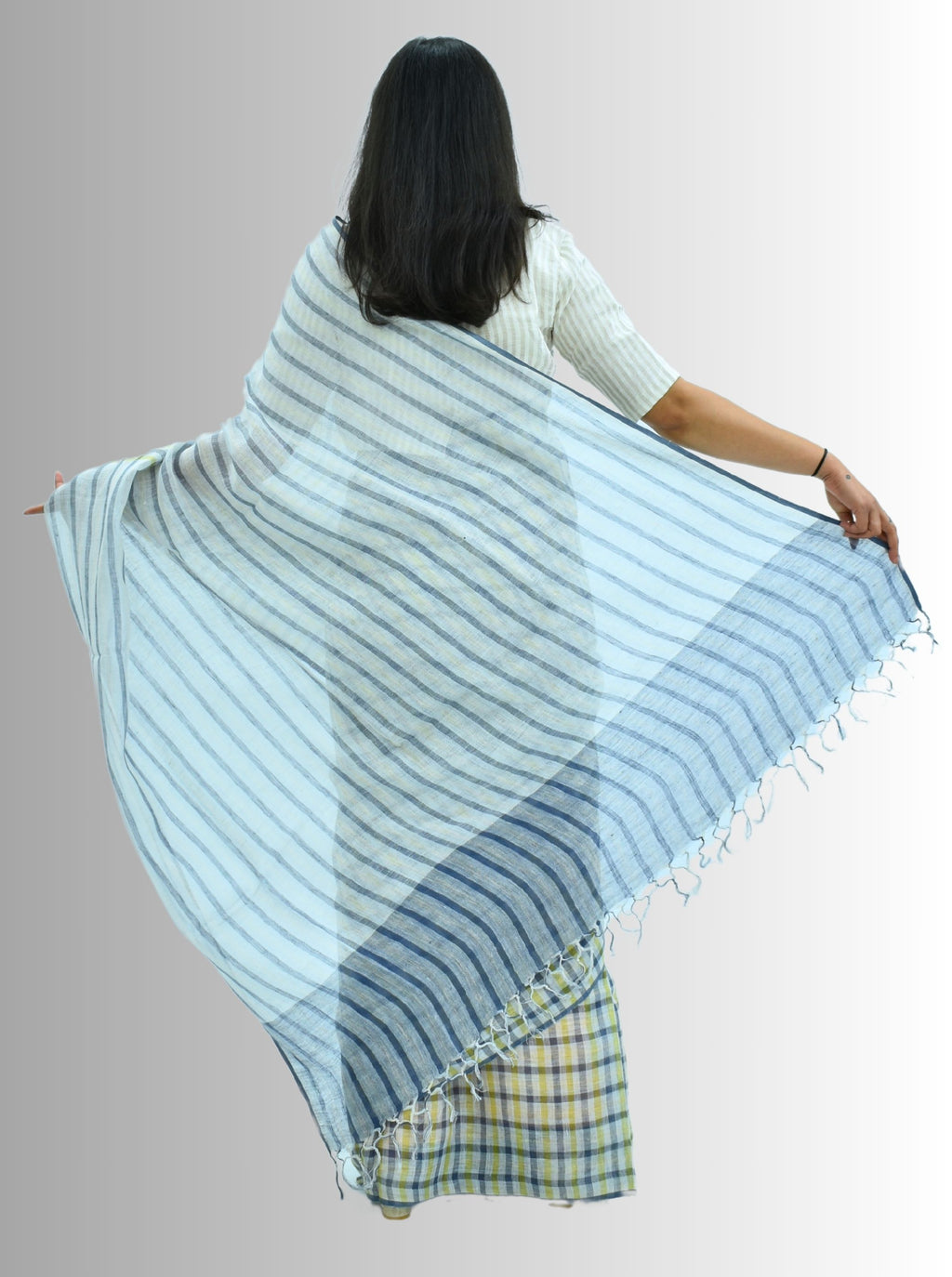 Pure Handloom Linen Beige Brown & Pink Check Saree