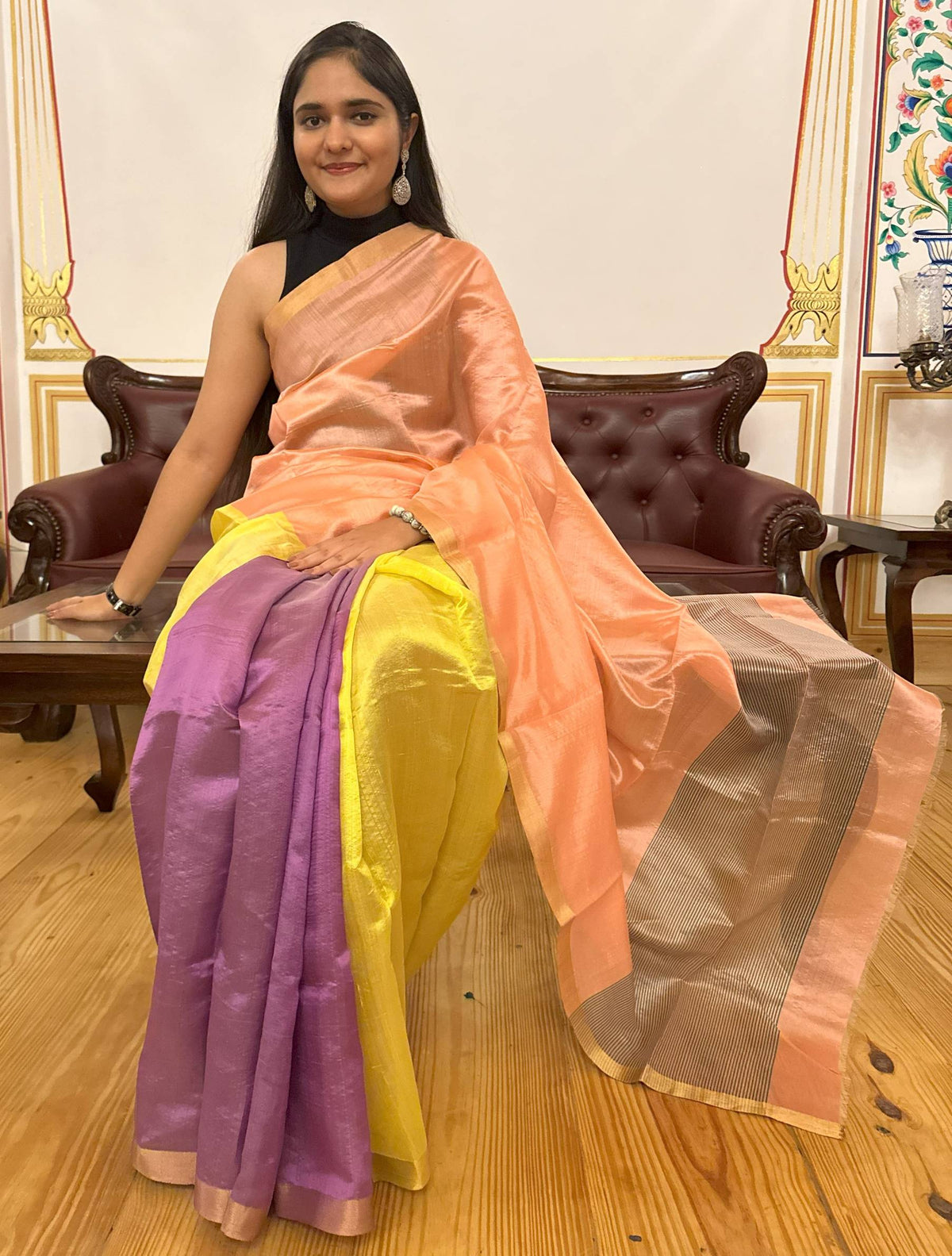 Tri color Chanderi Pattu Silk Saree