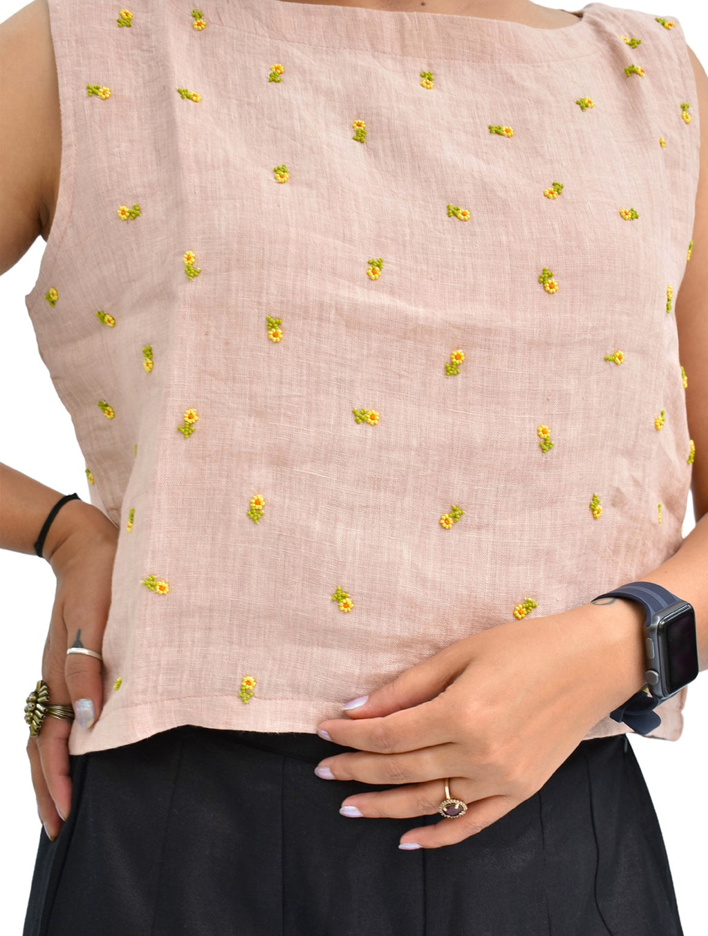 Pure Handloom Linen Heather Peach Hand-Embroidered Top