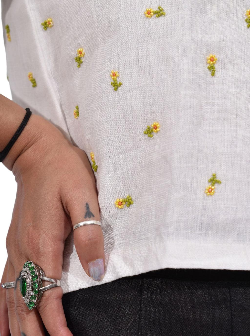 Pure Handloom Linen White Hand embroidered Top