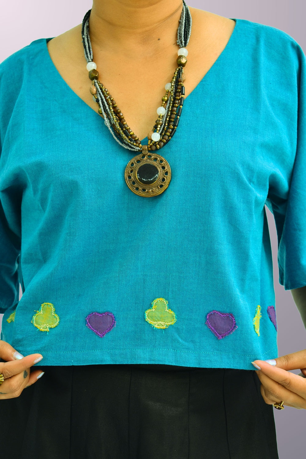 Pure Handloom Cotton Teal Blue Color with Patch Work Top