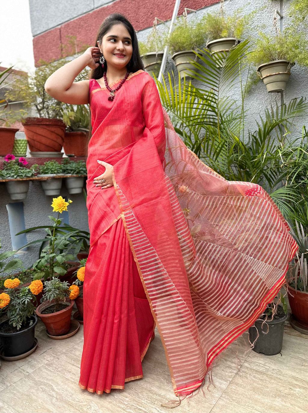 Pure handloom Orange Tussar Silk Saree with Jamdani work