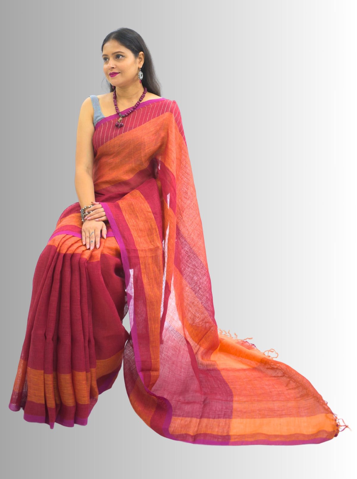 Pure Handloom Red & Orange Linen Saree (Copy)