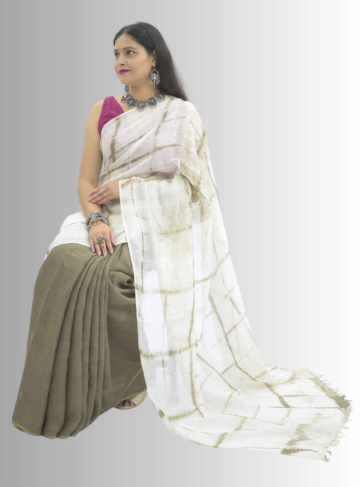 Pure Handloom Linen Olive Green & White Tie Dye Saree