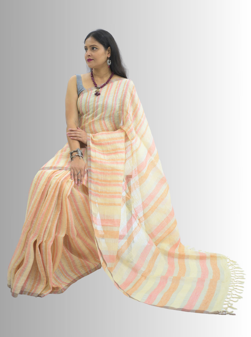 Pure Handloom Yellow, Peach & Silver Stripes Linen Saree