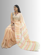 Pure Handloom Yellow, Peach & Silver Stripes Linen Saree