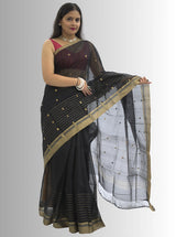 Chanderi Silk Black  Saree with Golden Zari Stripes Border