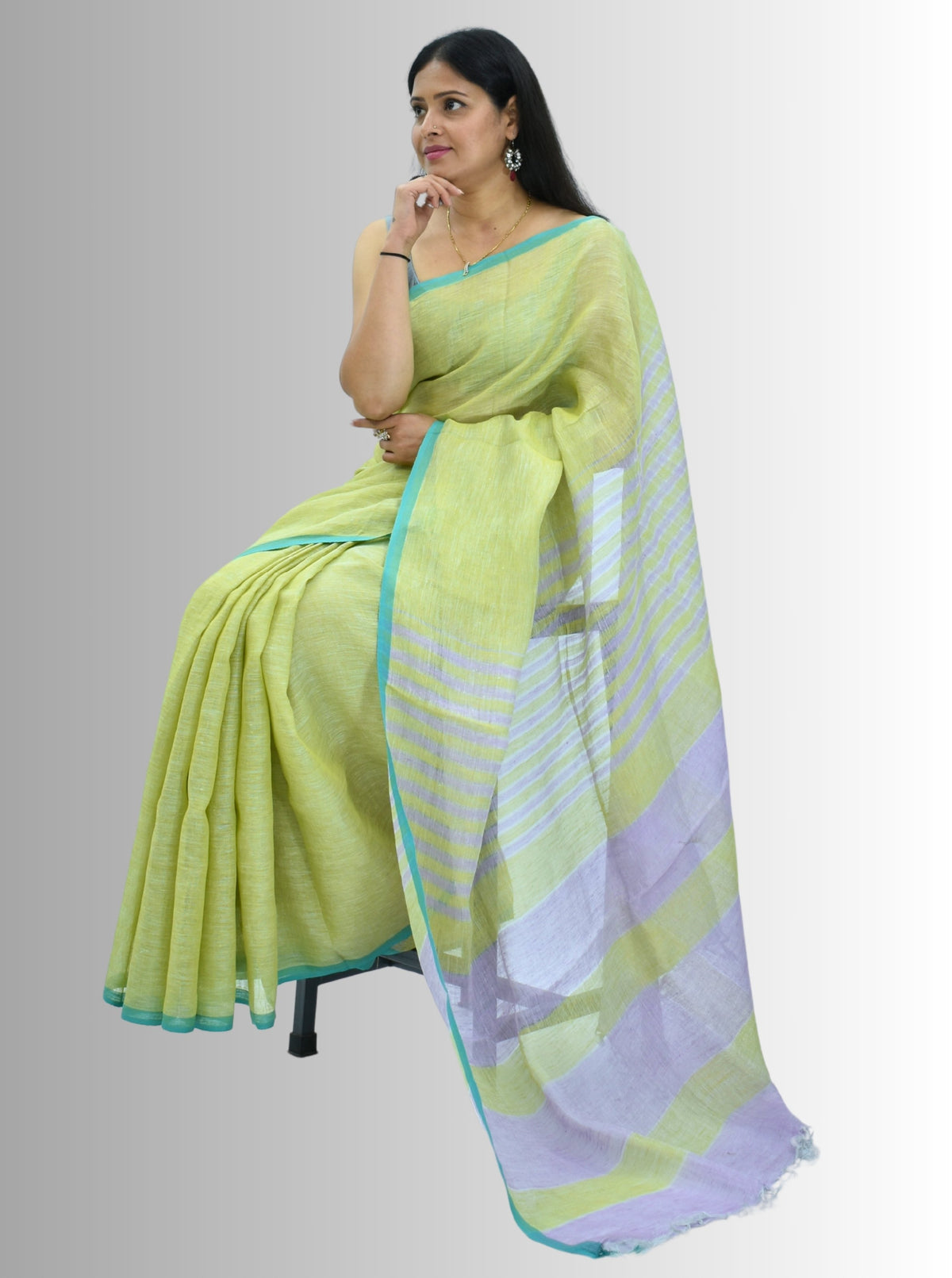 Pure Handloom Linen Lemom Green Saree