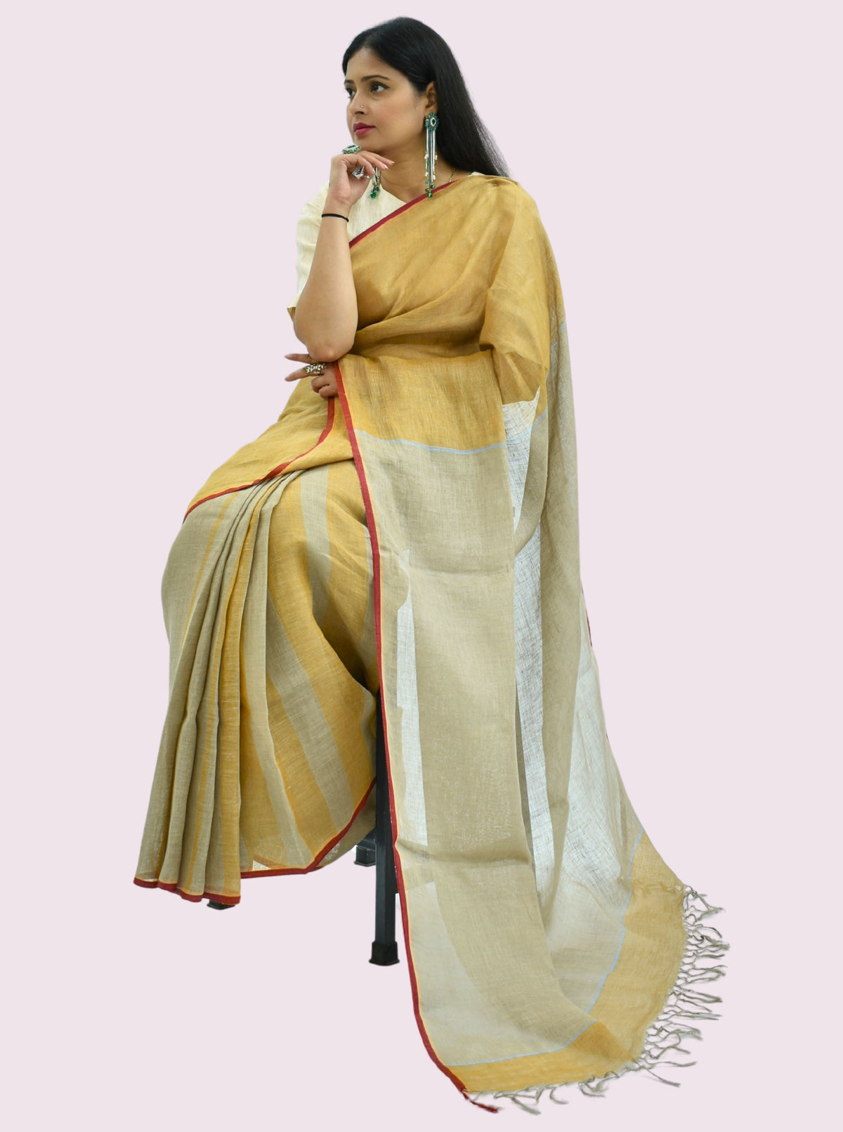 Pure Handloom Linen Beige Brown Saree