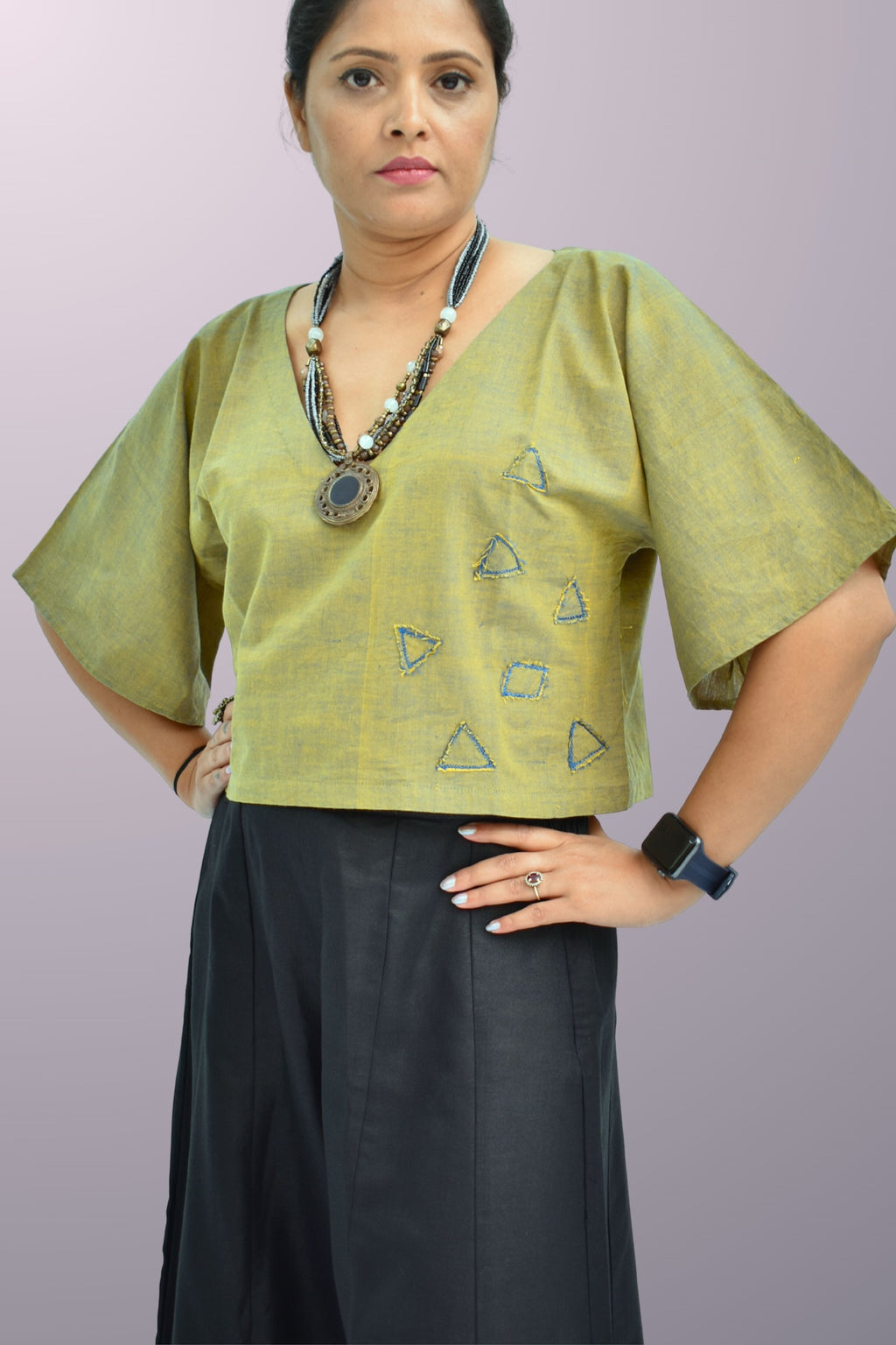 Pure Handloom Cotton Olive Green Color Dual Shade with Patch Work Top