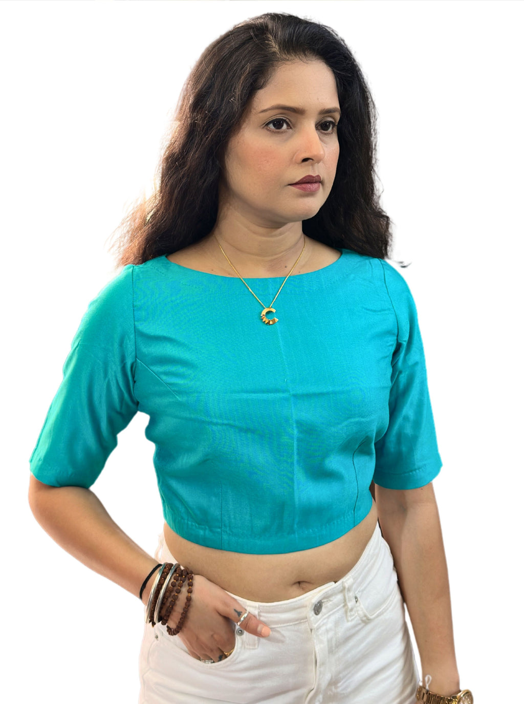 Boat Neck Turquoise Cotton Tussar Silk Blouse with Side Zipper