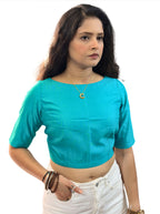 Boat Neck Turquoise Cotton Tussar Silk Blouse with Side Zipper