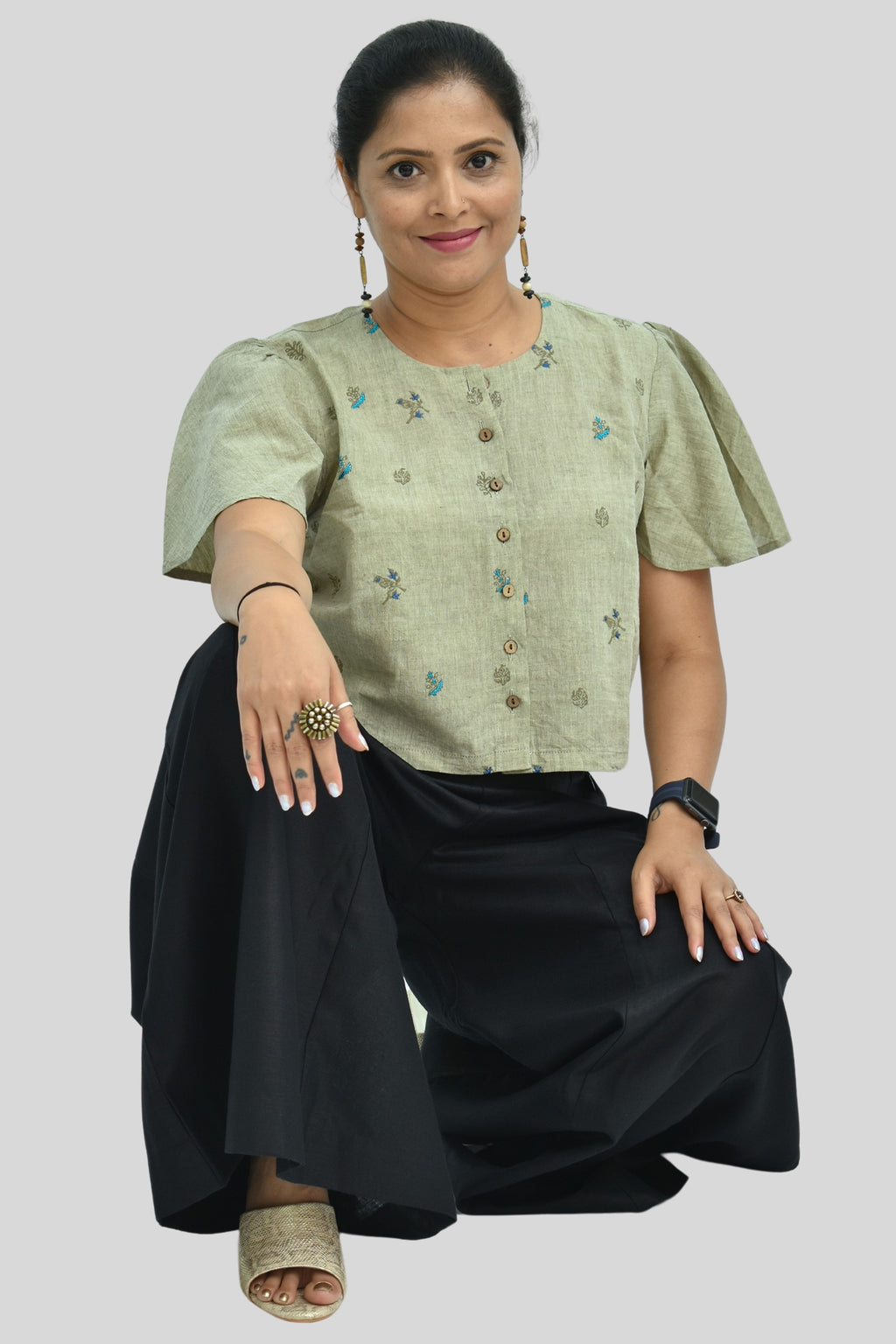 Pure Handloom Cotton Linen Earthy Green Color Hand embroidered Top