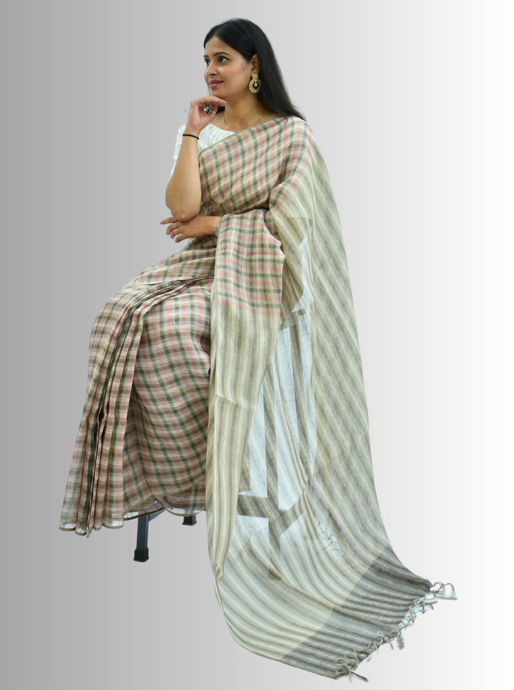 Pure Handloom Linen Beige Brown & Pink Check Saree