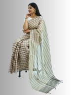 Pure Handloom Linen Beige Brown & Pink Check Saree