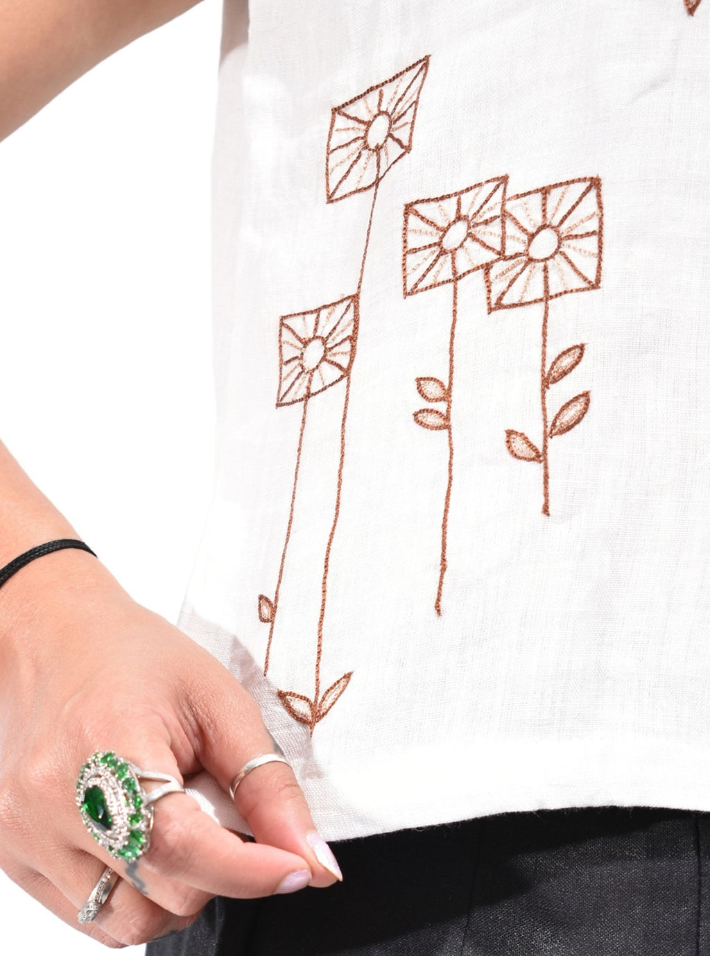 Pure Handloom Linen White Hand embroidered Top