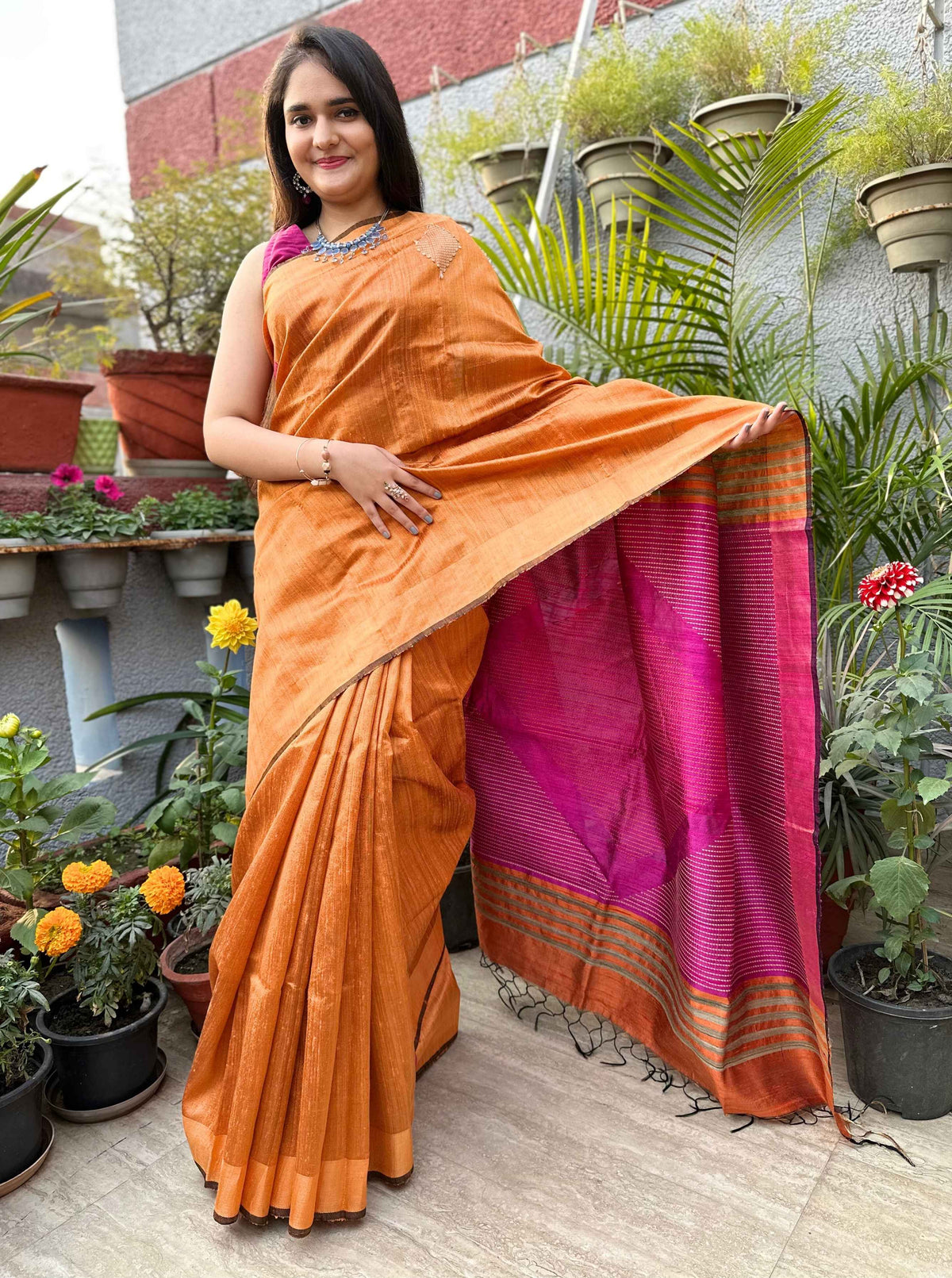 Pure handloom Orange &Pink tussar saree with Jamdani work