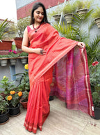 Pure handloom Orange and Pink Tussa Silk Saree with Jamdani work