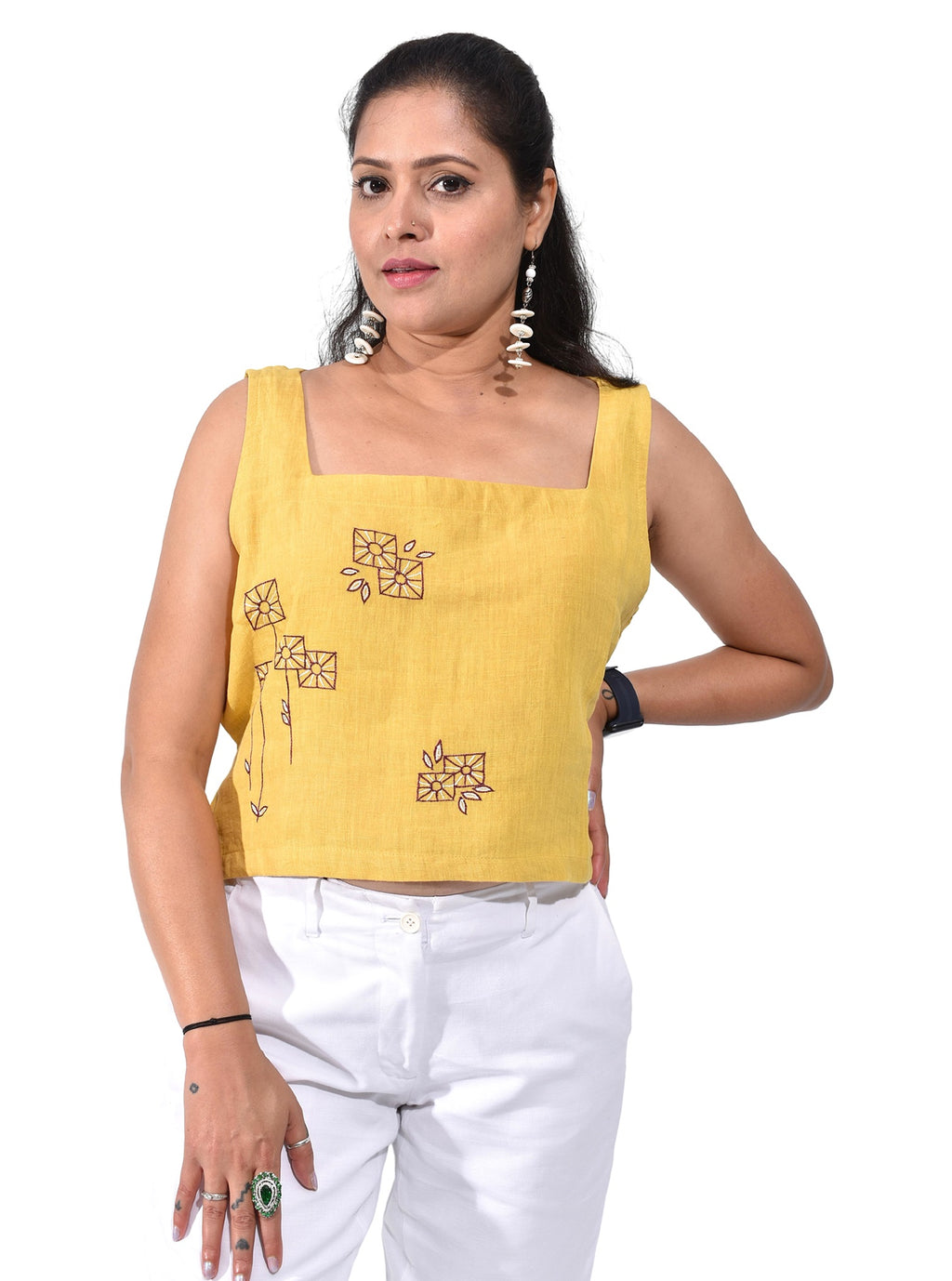 Pure Handloom Linen Haldi Yellow Hand embroidered Top