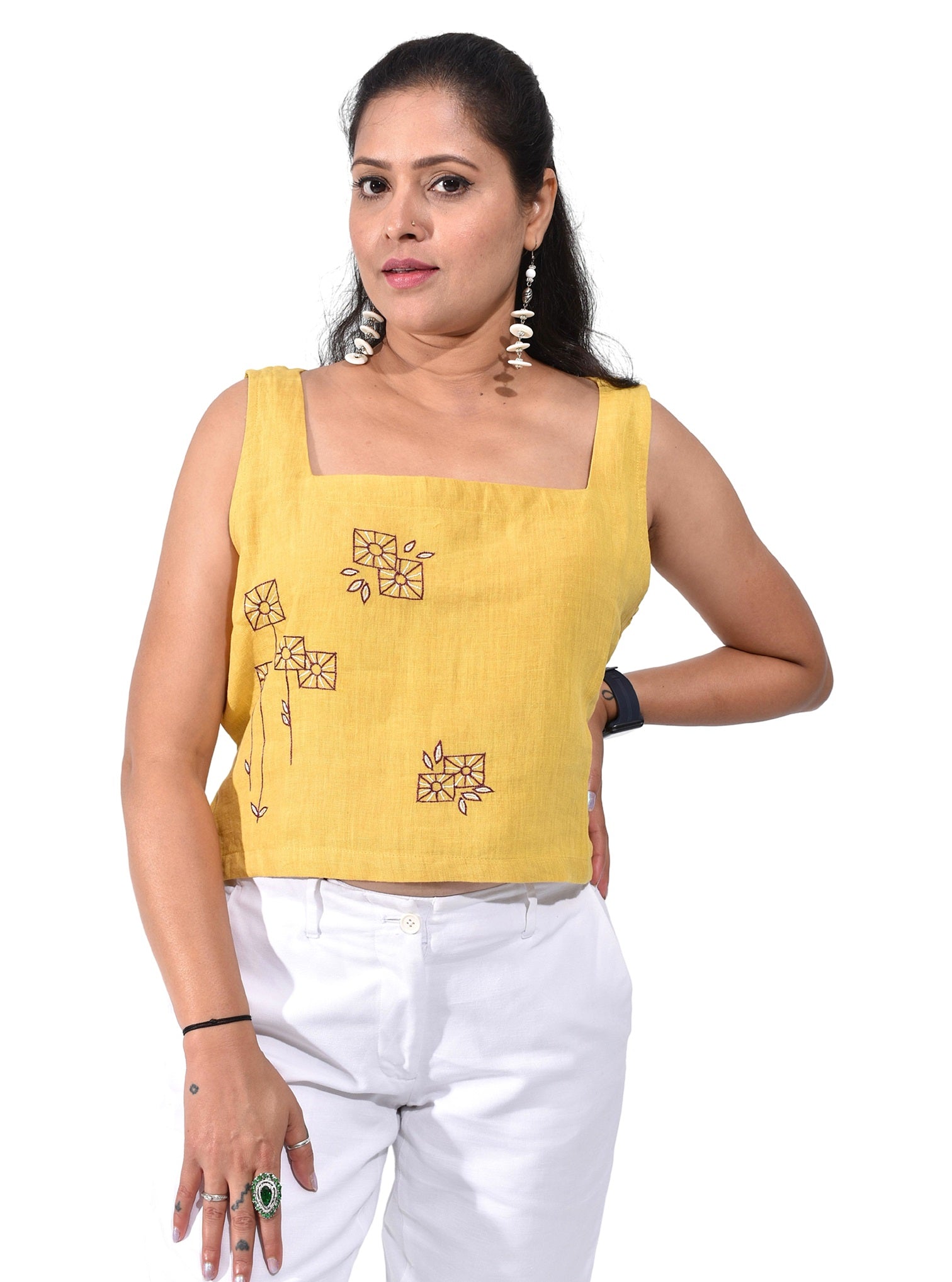 Pure Handloom Linen Haldi Yellow Hand embroidered Top