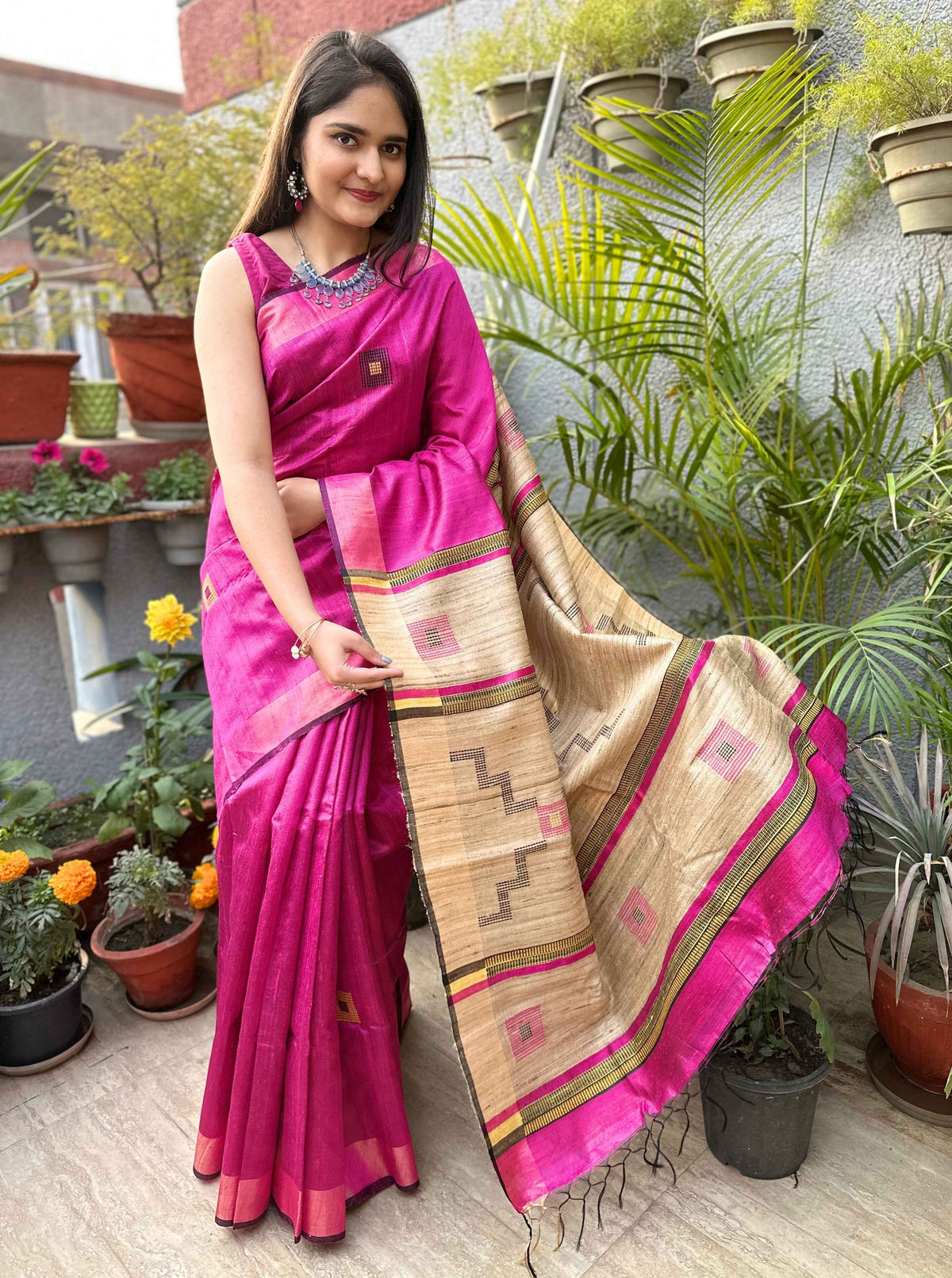 Pure handloom Pink Ghicha Tussar Silk Saree