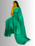 Pure Handloom Linen Emerald Green Check Saree